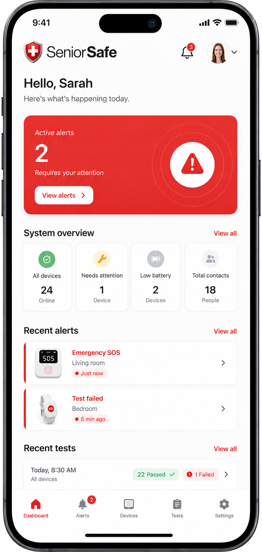 Senior Safe family dashboard — active alerts, device status, test history