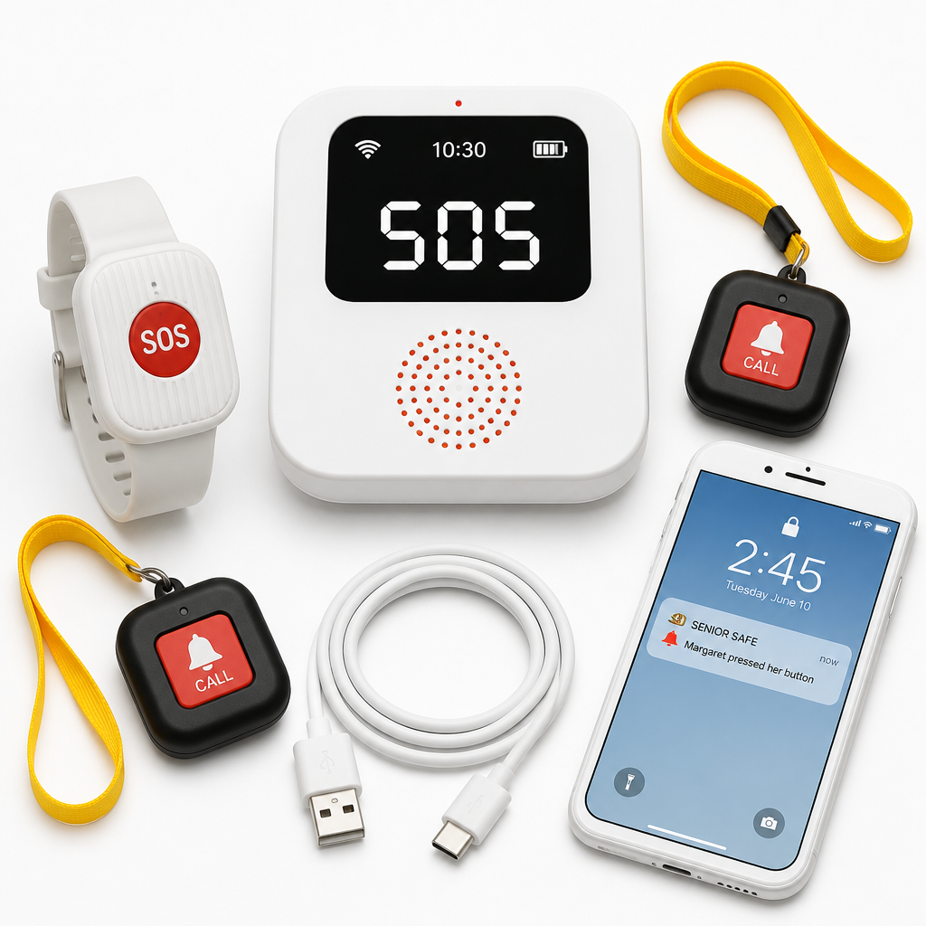 Senior Safe Set B — base station, wristband, two pendants and charging cable