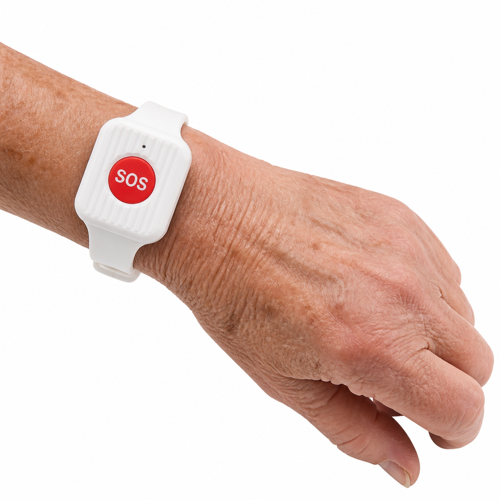 Senior's wrist wearing the Senior Safe SOS wristband at home